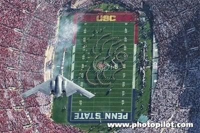 B-2 Stealth bomber flying over 2009 Rose Bowl