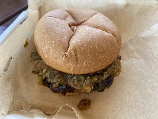 Burger with the medley condiment option which a number of items blended together.