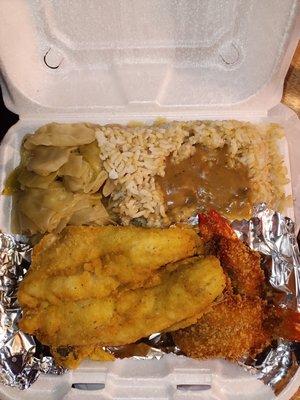 Fried Whiting Platter. The platter came with (3 Whiting, 3 Jumbo Shrimps, Cabbage, & Brown Rice with gravy)