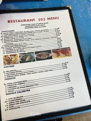 Spanish menu