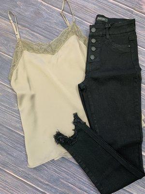 Satin cami and frayed hem button fly jeans. Perfect date night outfit.