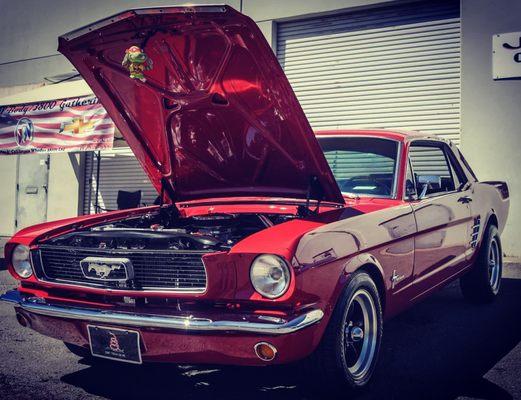 Outside his shop after his paint job got me an award for "Best Mustang"