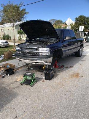 1500 Chevy 4x4 Lift kit. Part of the chassis was trimmed and a reinforcement was welded in. Fit and finish was factory-like.