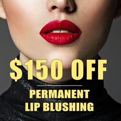 Mention this ad on Yelp and get $150 off permanent lip blushing or full color lip saturation. Permanent eyeliner and brow microblading too.