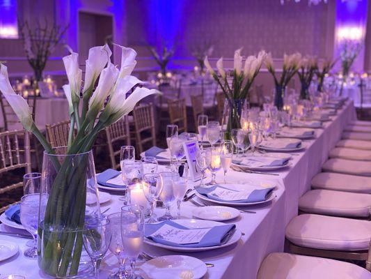 Estate table with the second of two centerpiece styles our bride and groom chose.