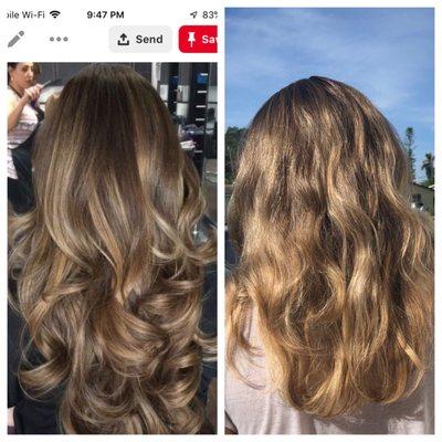 The color i requested vs. the brassy/yellow hair done by Denise Andrade