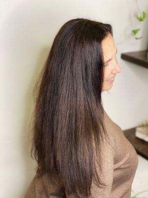 natural brunette is enhanced for shinier healthier looking hair