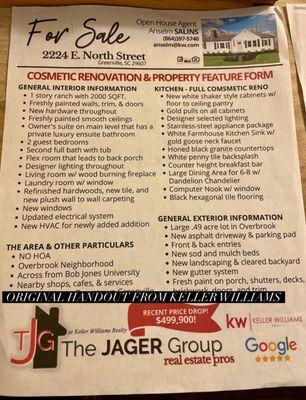 Original handout from Keller Williams with 2000 Square Feet listed