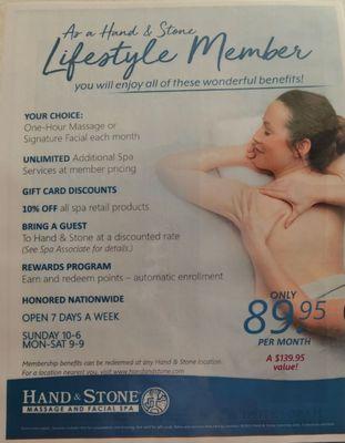 Menu of Benefits as a Hand & Stone lifetime member at $89.95/month