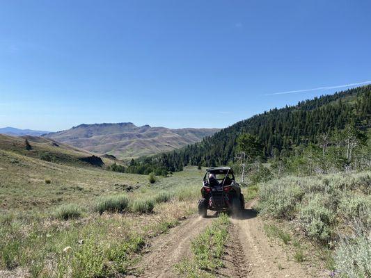 Back of an ATV motoring down a dirt road with a view of the mountains.