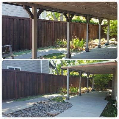 Before and after of our backyard patio overhang removal. We removed just under half of it.