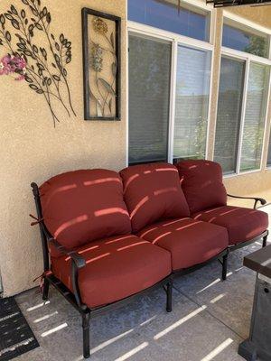 My new outdoor sofa with sunbrella cushions. My last cushions lasted 25 years