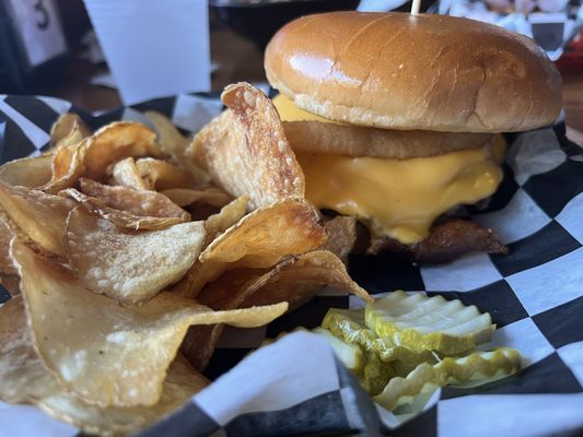 Boss Hog Burger with homemade tavern chips!