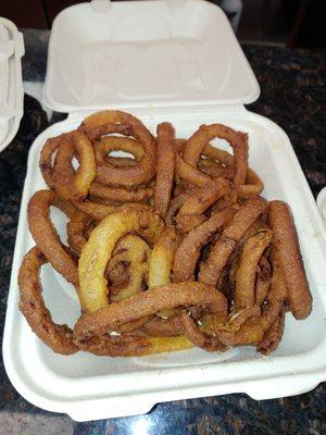 Burnt onion rings we had to wait for with only 2 other folks in the establishment.