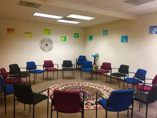 Our bright and cheery group therapy room