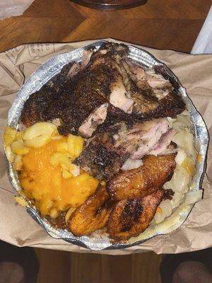 jerk chicken w/ chicken stew gravy + fried plantain, cabbage & mac & cheese