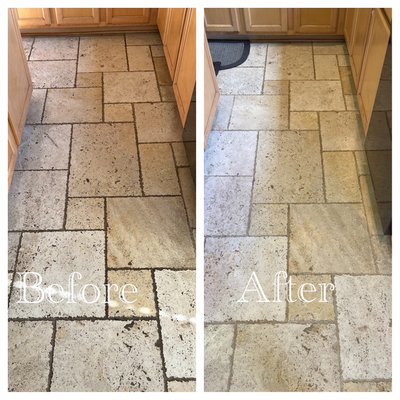 Total transformation of a dirty travertine floor.