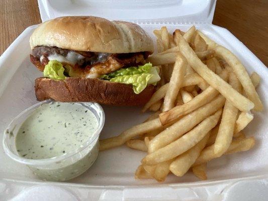 Cheesburger with Fries and Mint Chutney Sauce