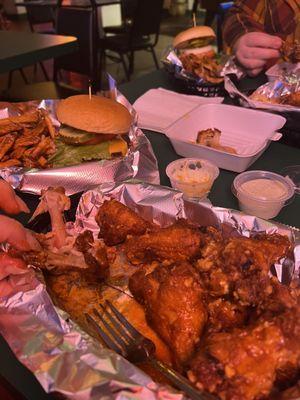 Spicy garlic wings, burger and fries