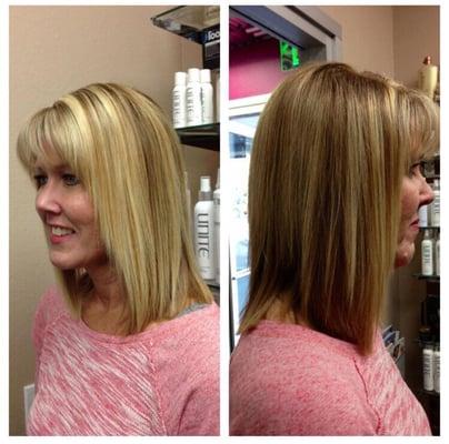 Long bob with beige blonde base and a few highlights.