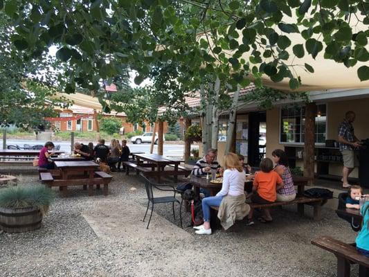 Outdoor patio, dog friendly and just about the only place in town that is!