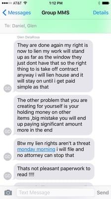 Lien threats from Glen/Level Group after he demanded payment and 2 significant pieces of work were still incomplete (on NYE).