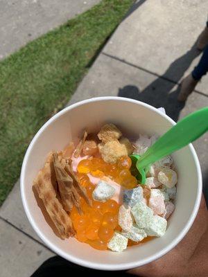 Mango/Pomegranate with waffle cone, cheesecake, coconut, mochi, and mango poppers