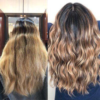 Before and after transformation. Hair cut and custom tailored balayage.