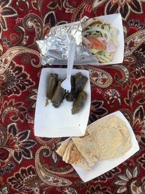 Pita, stuffed grape leaves, hummus