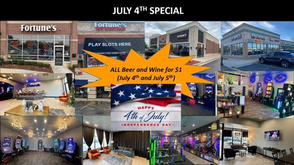 Fortune's wishes everyone a Happy July 4th!
Visit us on July 4th to July 5th and enjoy ALL Drinks for $1!