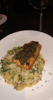 Bacon Herb Crusted Salmon with Risotto and a glass of Malbec