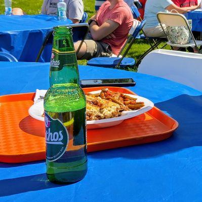 Delicious moussaka, Greek green beans and Greek beer