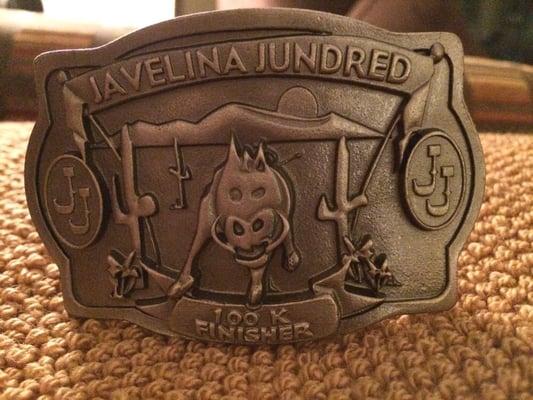 Michael Berger is an ultra marathon runner. This is the buckle that he received on 11/1/14 for completing the Javelina 100K.