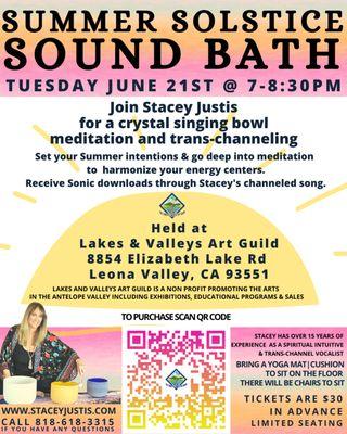 June 21st Lakes and Valleys Art Guild is hosting a sound bath! Get your tickets here: https://staceyjustis.as.me/solsticesoundbath