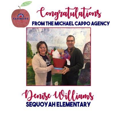 Congratulations Denise Williams of Sequoyah Elementary for winning $100 of classroom supplies in November!