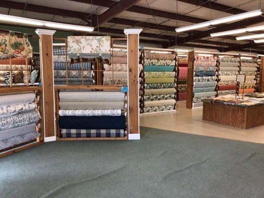 Great selection of fabrics for window treatments, bedding and upholstery.