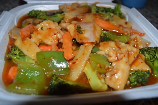 Szechuan Chicken, Spicy. Substituted breaded chicken for chicken breast, and added broccoli.