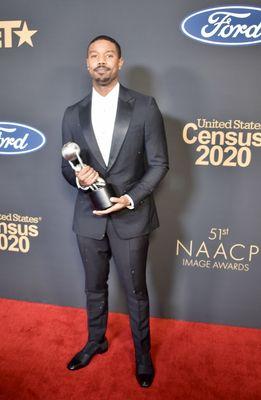 Michael B Jordan Backstage at the 2020 NAACP Awards with his Award photo by Dave Evans of Backstage Access Mag.