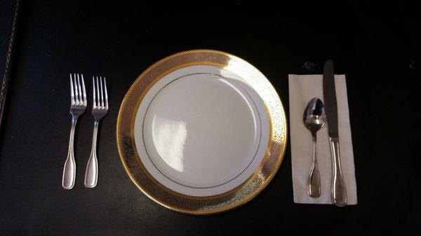 Matching China Plates, Silverware, Water goblets available onsite for rentals!