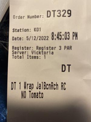 Receipt number one stating no tomato