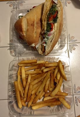 Chicken cutlet sandwich and fries