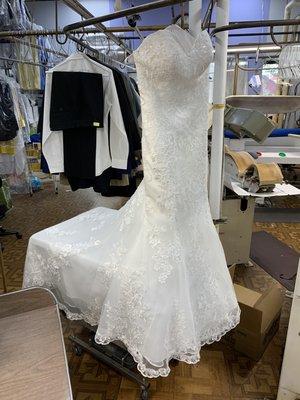 We clean  wedding dresses.they look like new dresses when you get them back clean.we put the wedding dresses in boxs too.