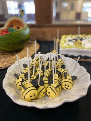 Bee cake pops. I wish we had a better way to display them! They were ADORABLE and tasted AMAZING!