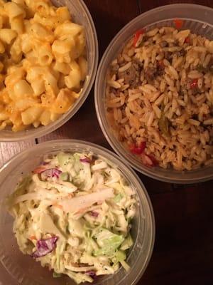 Mac n cheese, dirty rice, coleslaw