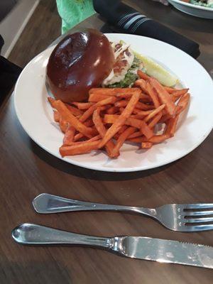 Crab Cake sandwich with aioli and sweet potato fries