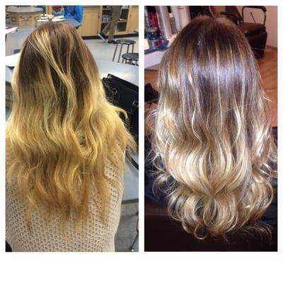 Before and after by Hair by Kara Shaw .. Client came to have ombre fixed from someone previously doing it