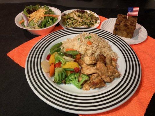 Chicken stir fry, vegetable medley, fried rice, asian slaw, tossed salad, bread pudding