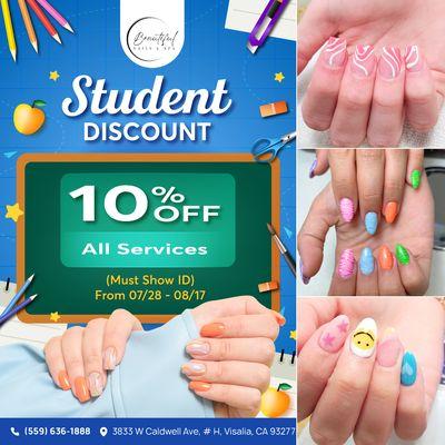 STUDENT DISCOUNTS
Back to school means new nails! 
 Haven't updated your nail set for the new year yet? 

Swing by Beautiful Nails