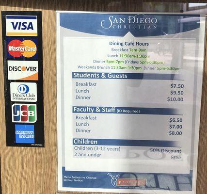 Operating hours, Menu pricing, & acceptable credits cards; plus they take Apple Pay®