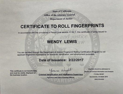 My daughter Wendy joined the business in 2017.    She works 4 days a week and is our Ink Fingerprint Rolling Specialist.